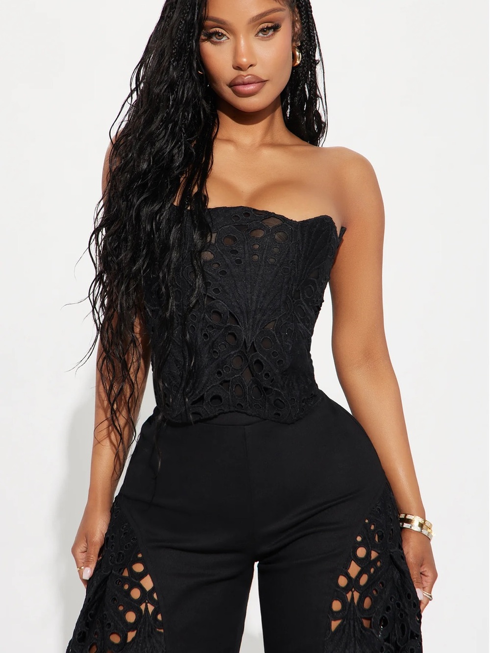 Strapless Black Crochet Wide-Leg Jumpsuit - Picture 3 of 12